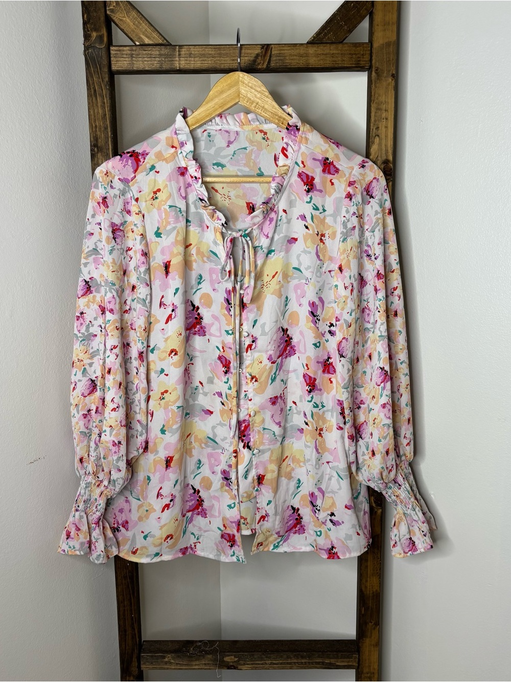 Floral Tie-Neck Blouse - Pink Multi Size M